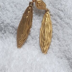 Gold Tone Textured Organic Pod Drop Earrings Matte Hammered Statement Dangles